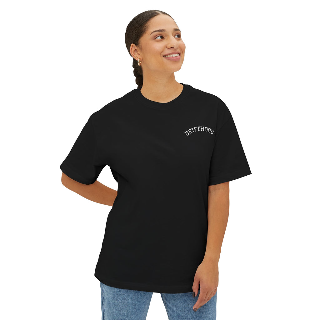 Drifthood Arch Script Tee | White Boxy T-Shirt, Minimal Logo Back