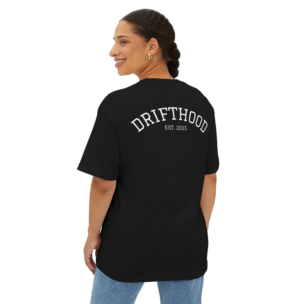 Drifthood Arch Script Tee | White Boxy T-Shirt, Minimal Logo Back
