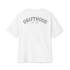 Drifthood Arch Script Tee | White Boxy T-Shirt, Minimal Logo Back