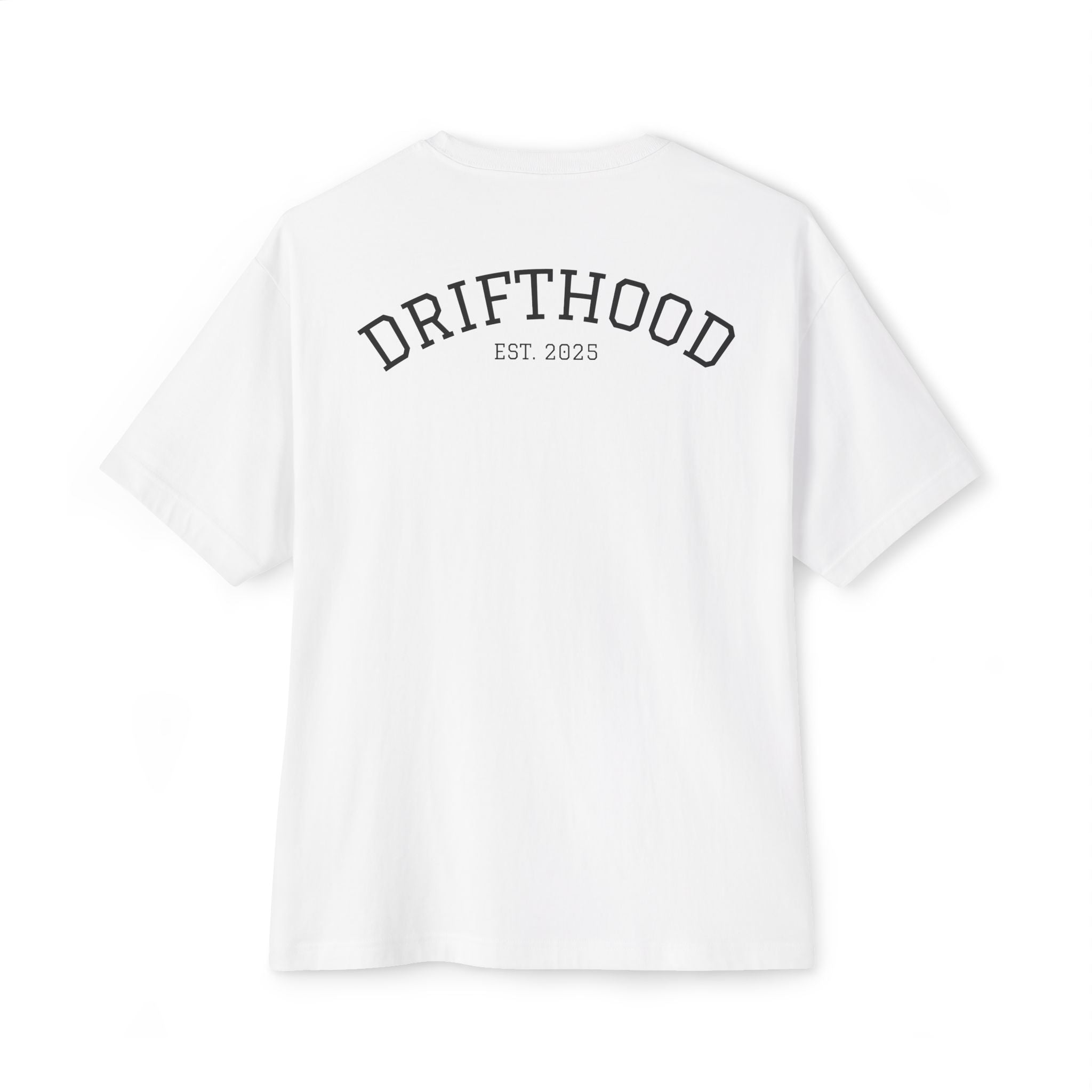 Drifthood Arch Script Tee | White Boxy T-Shirt, Minimal Logo Back