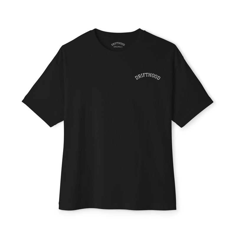 Drifthood Arch Script Tee | White Boxy T-Shirt, Minimal Logo Back