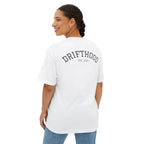 Drifthood Arch Script Tee | White Boxy T-Shirt, Minimal Logo Back