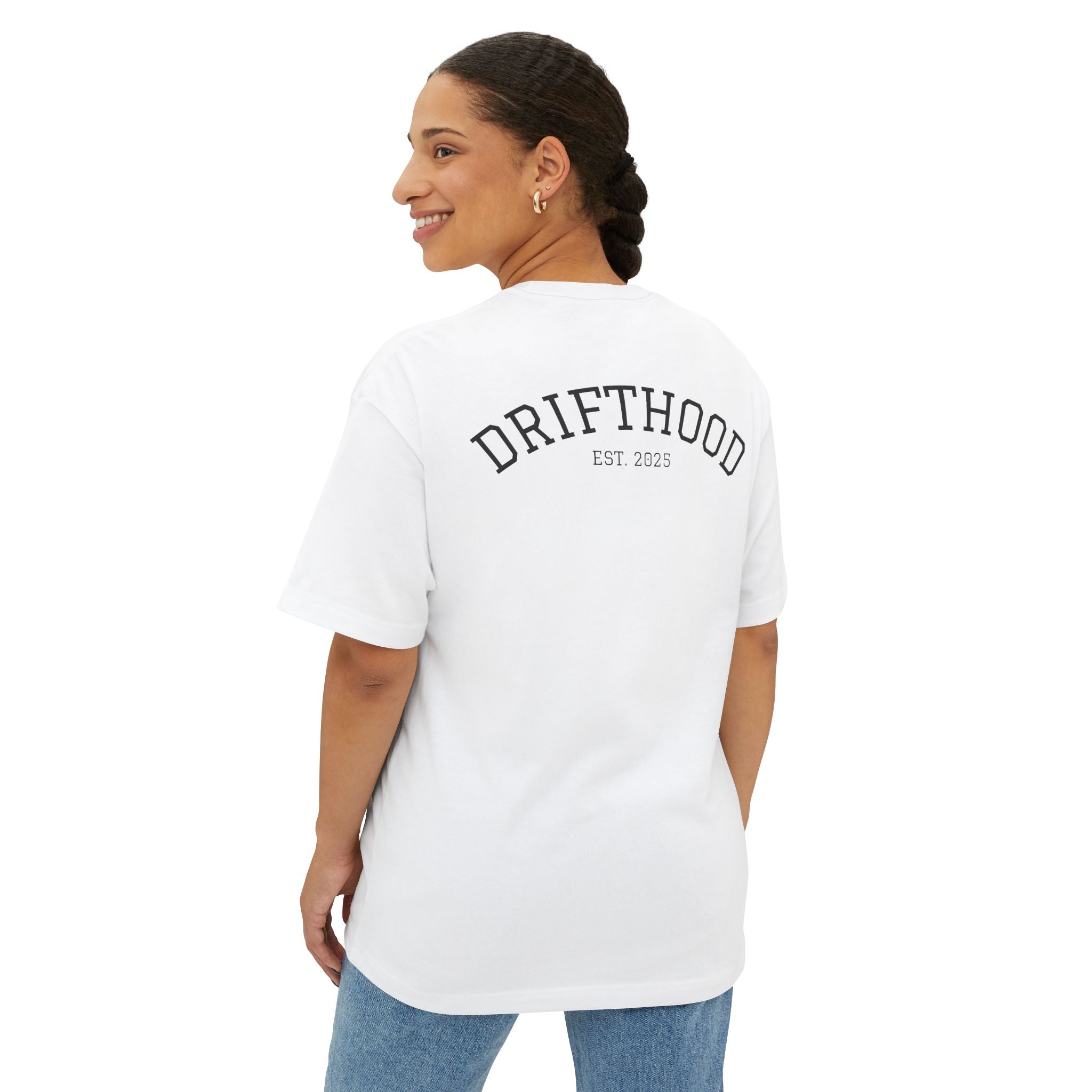Drifthood Arch Script Tee | White Boxy T-Shirt, Minimal Logo Back