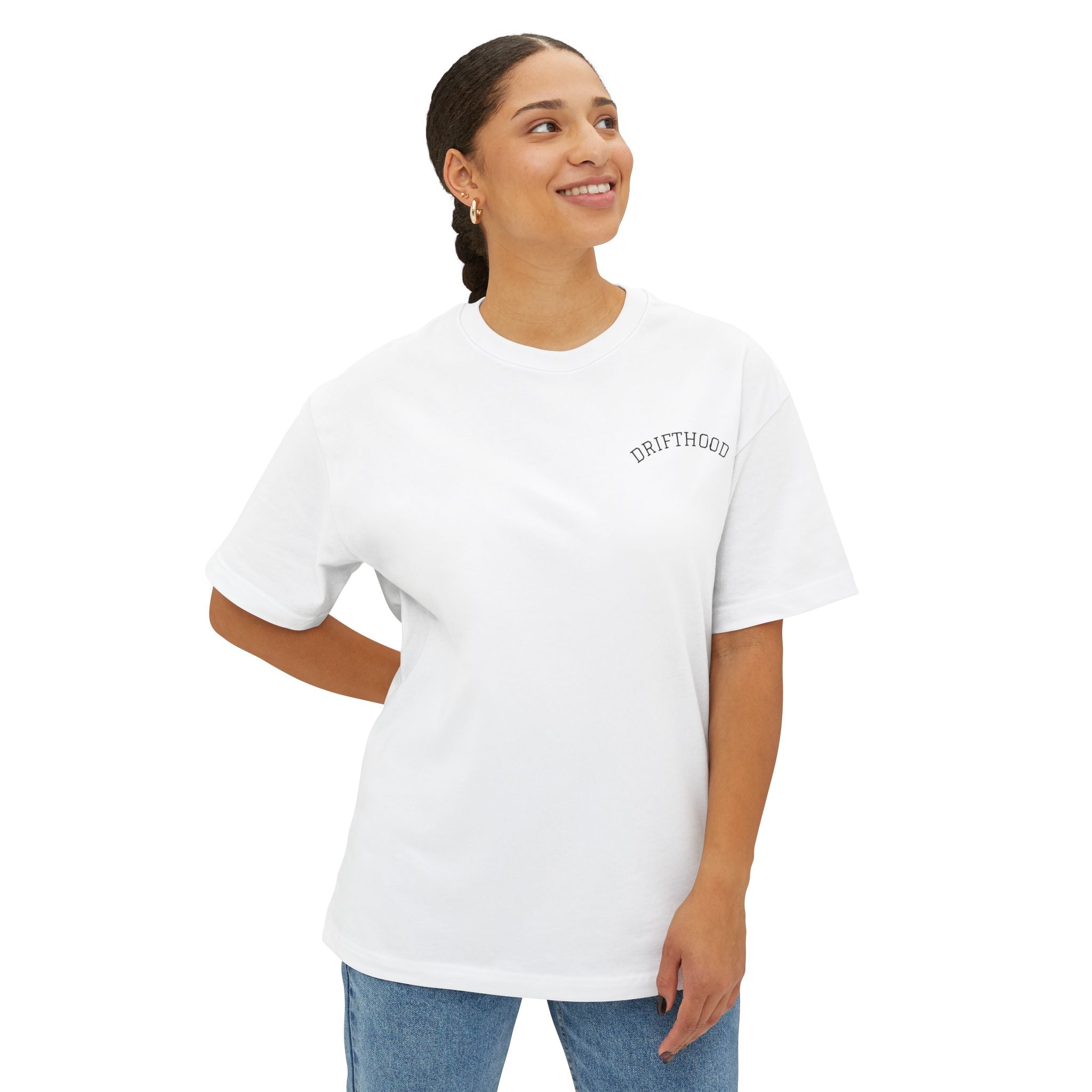 Drifthood Arch Script Tee | White Boxy T-Shirt, Minimal Logo Back