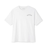 Drifthood Arch Script Tee | White Boxy T-Shirt, Minimal Logo Back