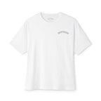Drifthood Arch Script Tee | White Boxy T-Shirt, Minimal Logo Back