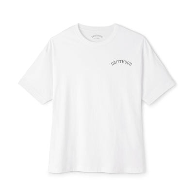 Drifthood Arch Script Tee | White Boxy T-Shirt, Minimal Logo Back